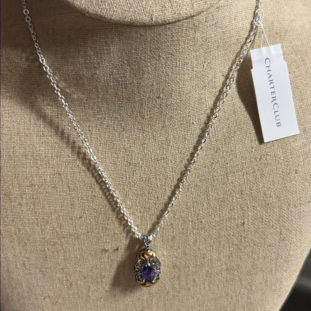 Elegant‎ Silver and Gold Pendant purple center stone   Necklace